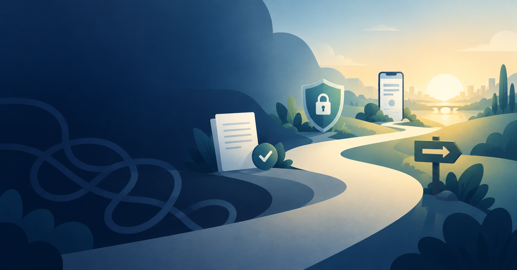 신용회복을 향해 이어지는 길과 밝은 해를 표현한 FinanceTrend 일러스트